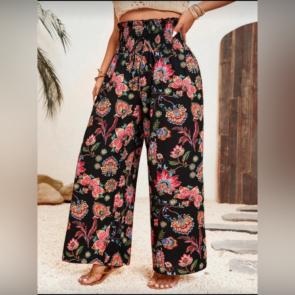 Floral Print Black Boho Casual Pants